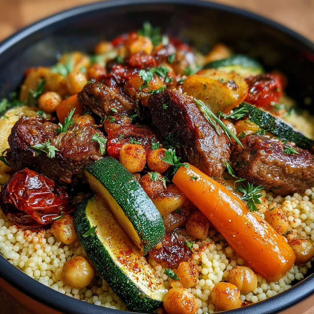Un plat de couscous avec des légumes grillés et des viandes.