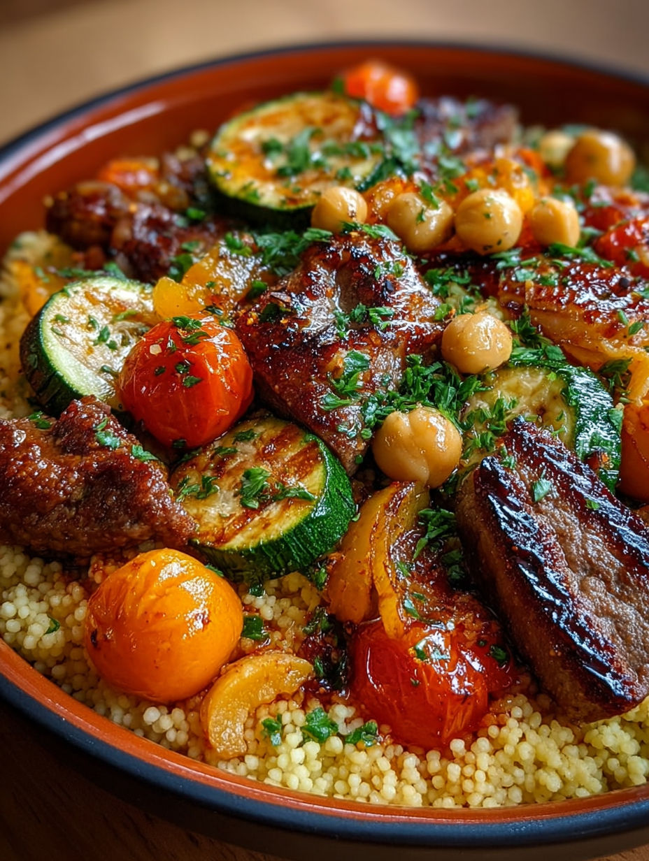 Une recette de couscous avec des légumes et des viandes.