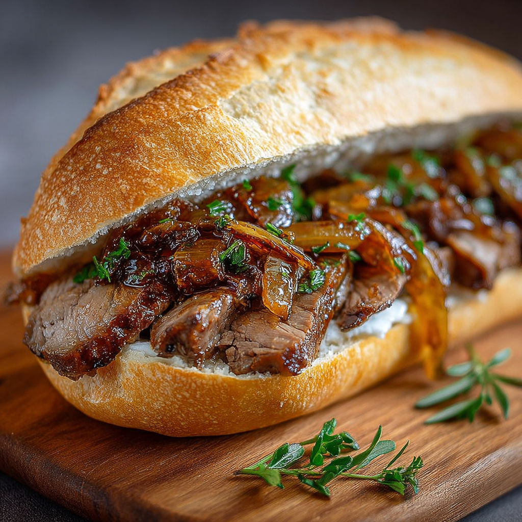 Un sandwich de boeuf grillé avec des légumes verts et des herbes sur un plan de travail.