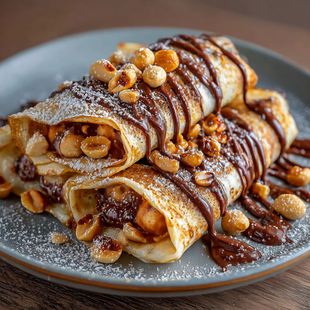 Une crêpe sucrée recouverte de chocolat et de noix de cajou.