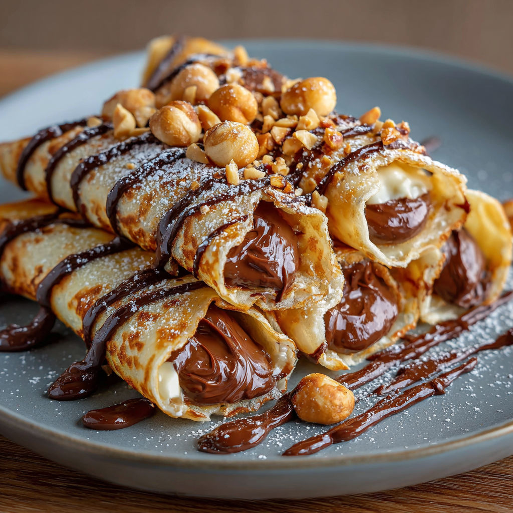 Une crêpe sucrée et salée, garnie de noix, de chocolat et de sauce caramel, est servie sur un plateau.