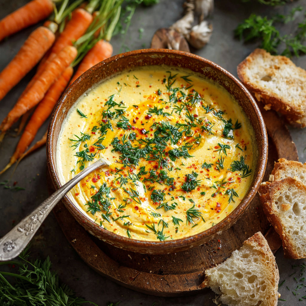 Une recette de soupes de carottes et de pommes de terre est servie dans un bol en terre.