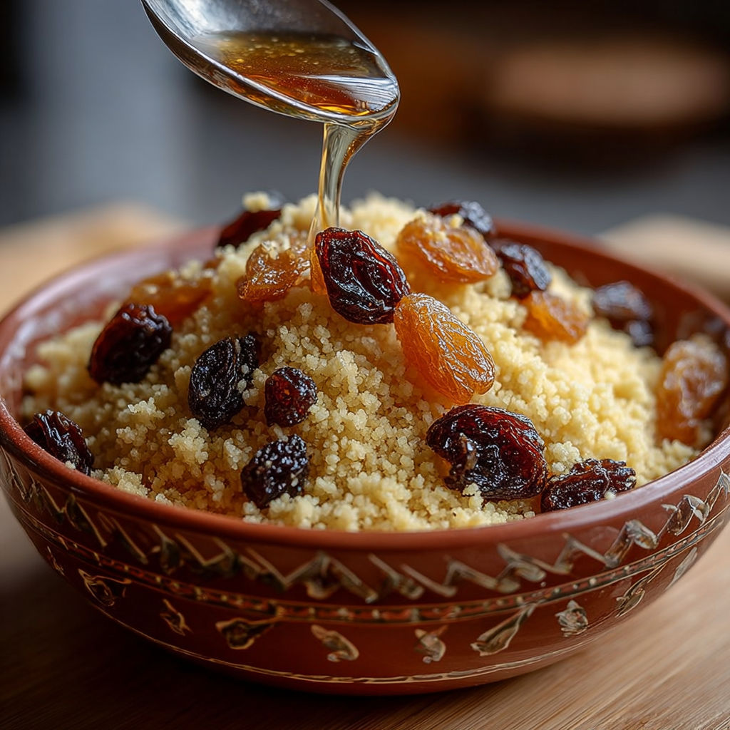 Une casserole de couscous sucré aux raisins secs est servie dans un bol coloré.