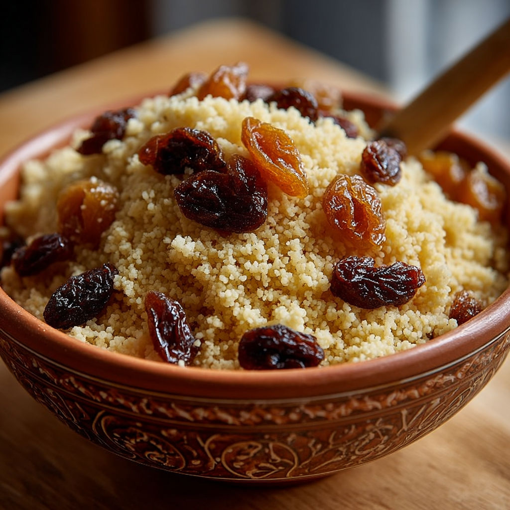 Un couscous avec des raisins et des noix de cajou.