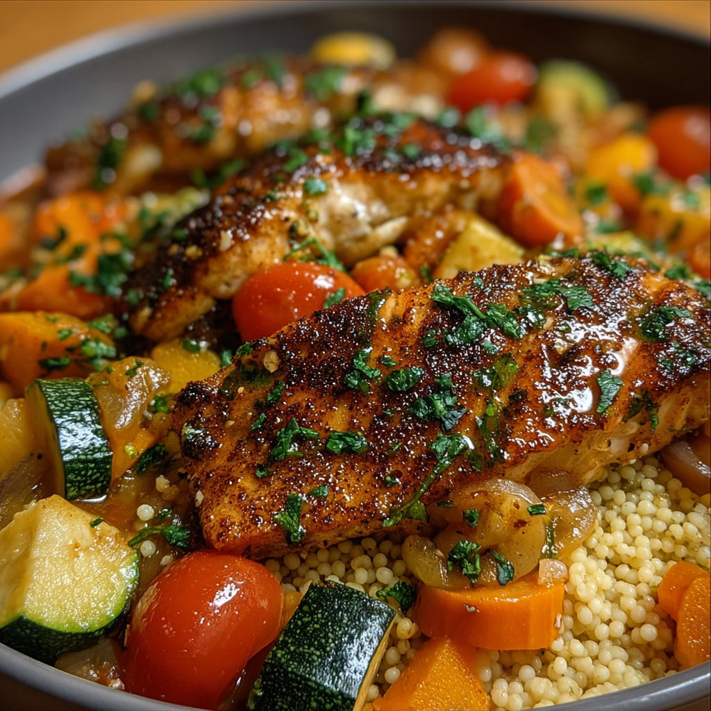 Une recette de poulet grillé avec des légumes tels que des carottes, des courgettes et des tomates.