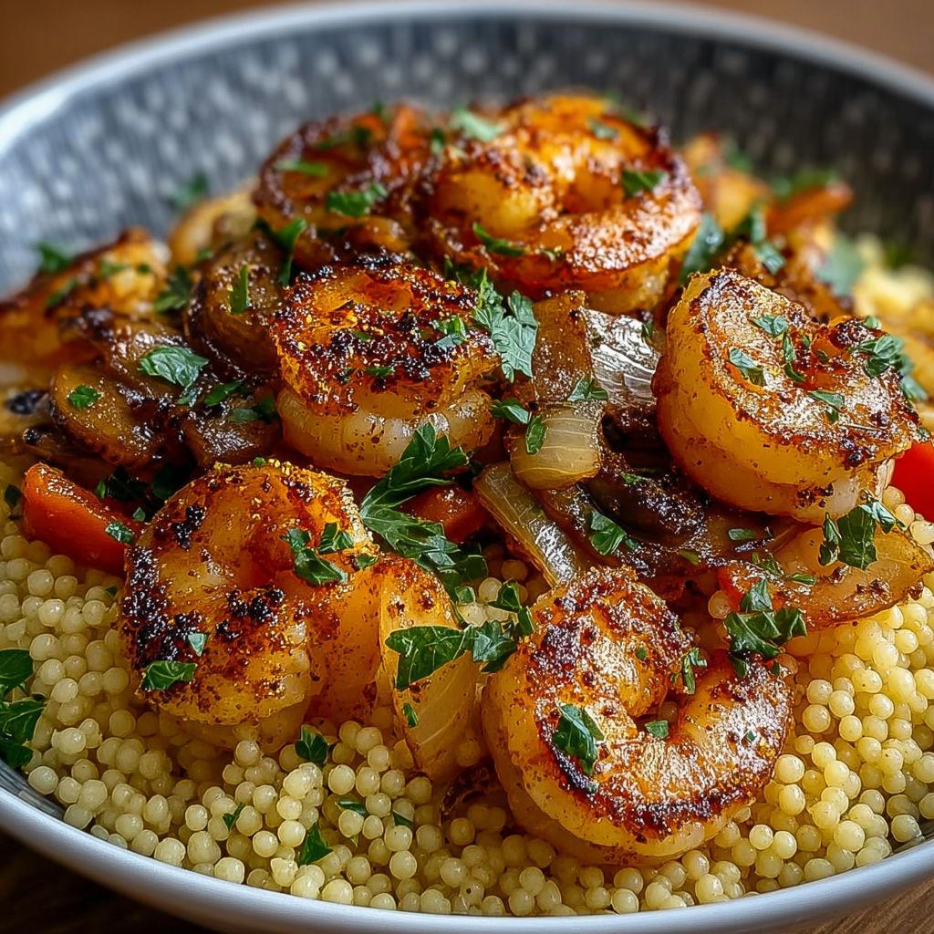 Une assiette de couscous aux crevettes et champignons sautés.