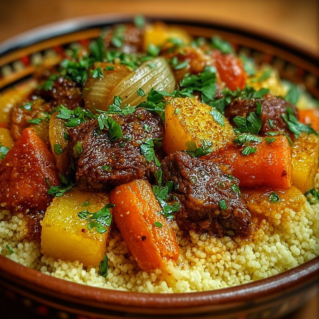 Une assiette de couscous au bœuf mijoté et légumes fondants, avec des légumes tels que des carottes et des oignons.