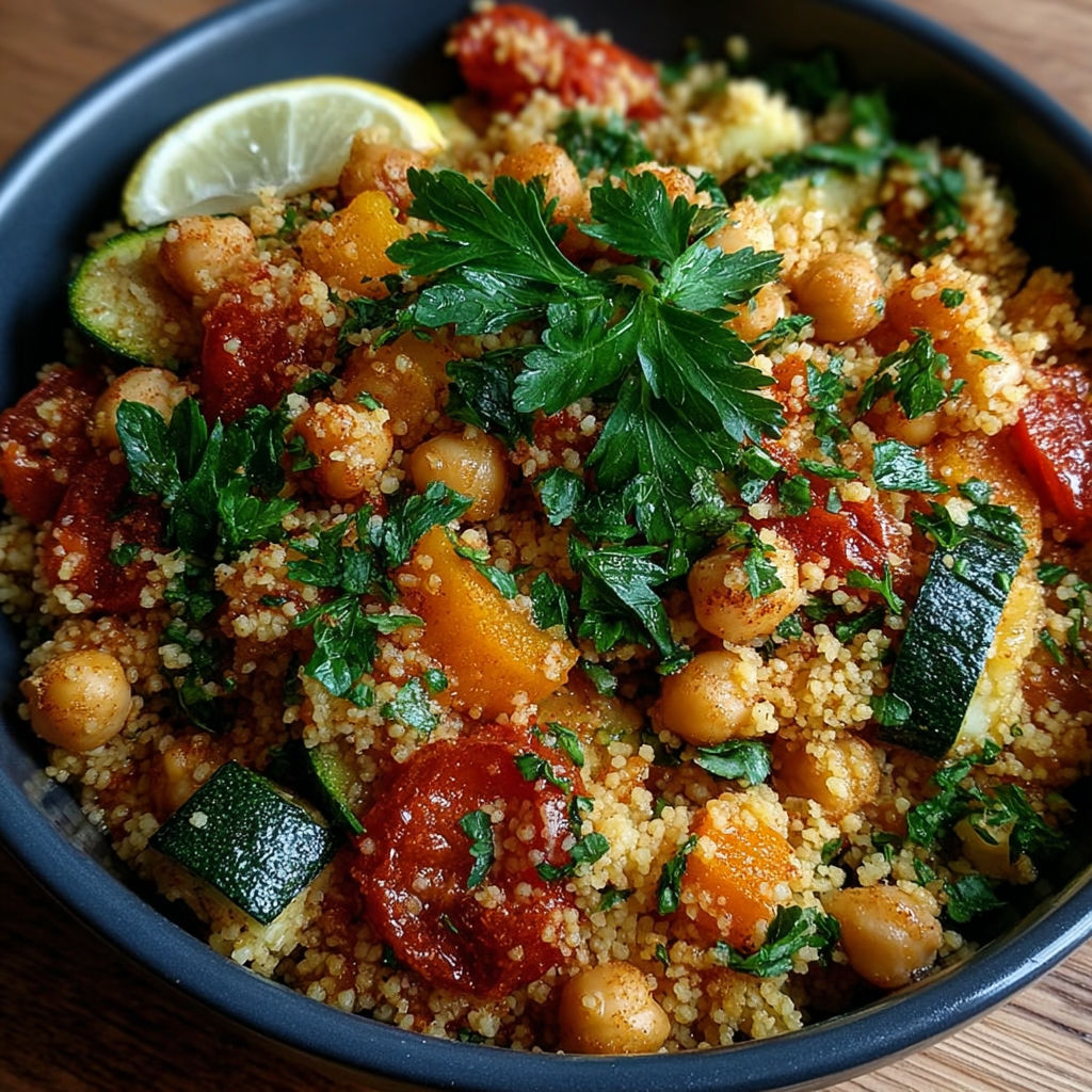 Une salade de couscous et de légumes, avec des tomates, des poivrons, des carottes et des herbes, est servie dans un bol.