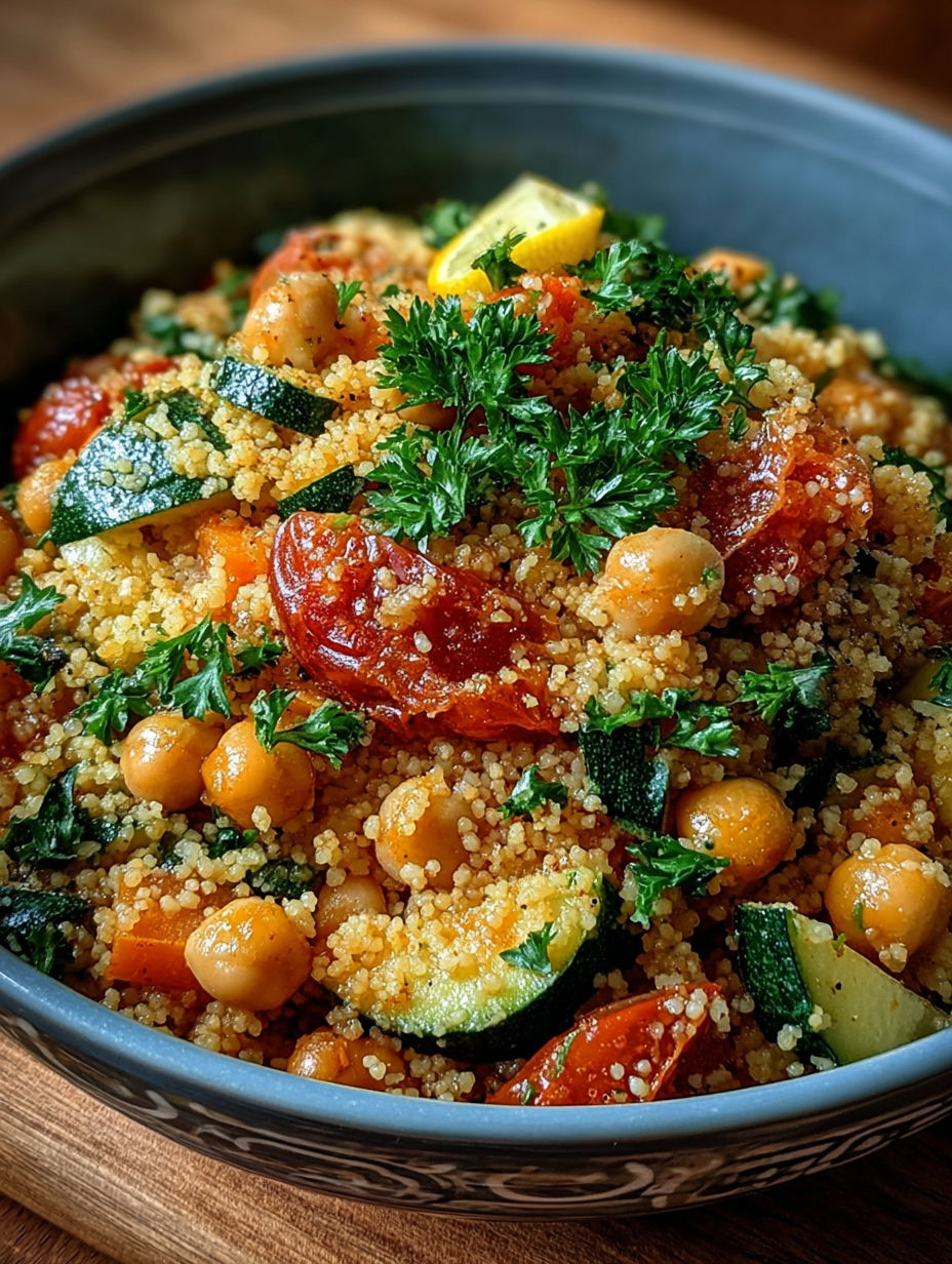Une recette de couscous avec des légumes frais, tels que des tomates, des courgettes et des épinards, est servie dans un bol.