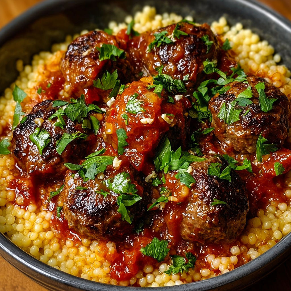 Une assiette de couscous aux boulettes de bœuf sauce tomate.