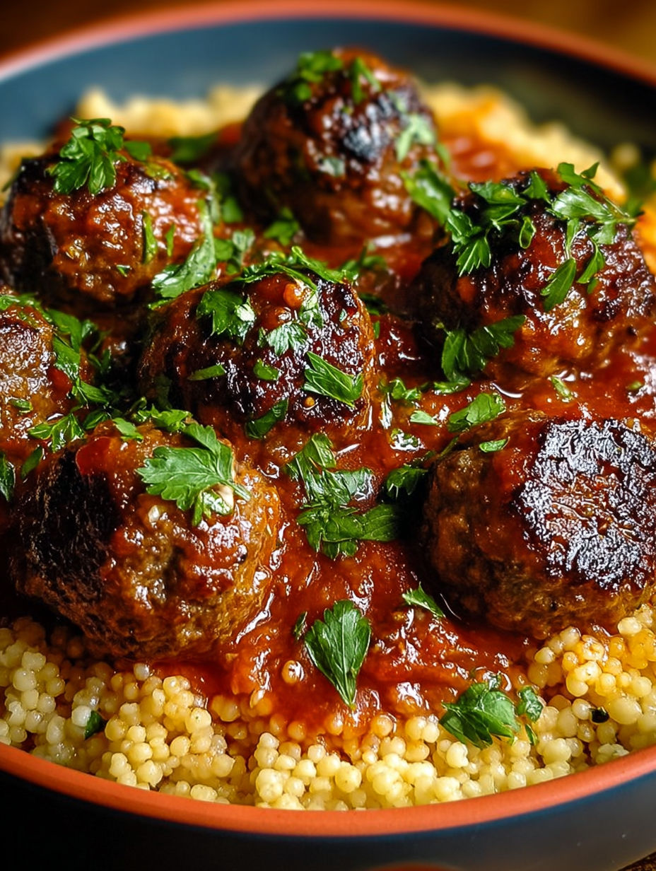 Couscous aux boulettes de bœuf sauce tomate.