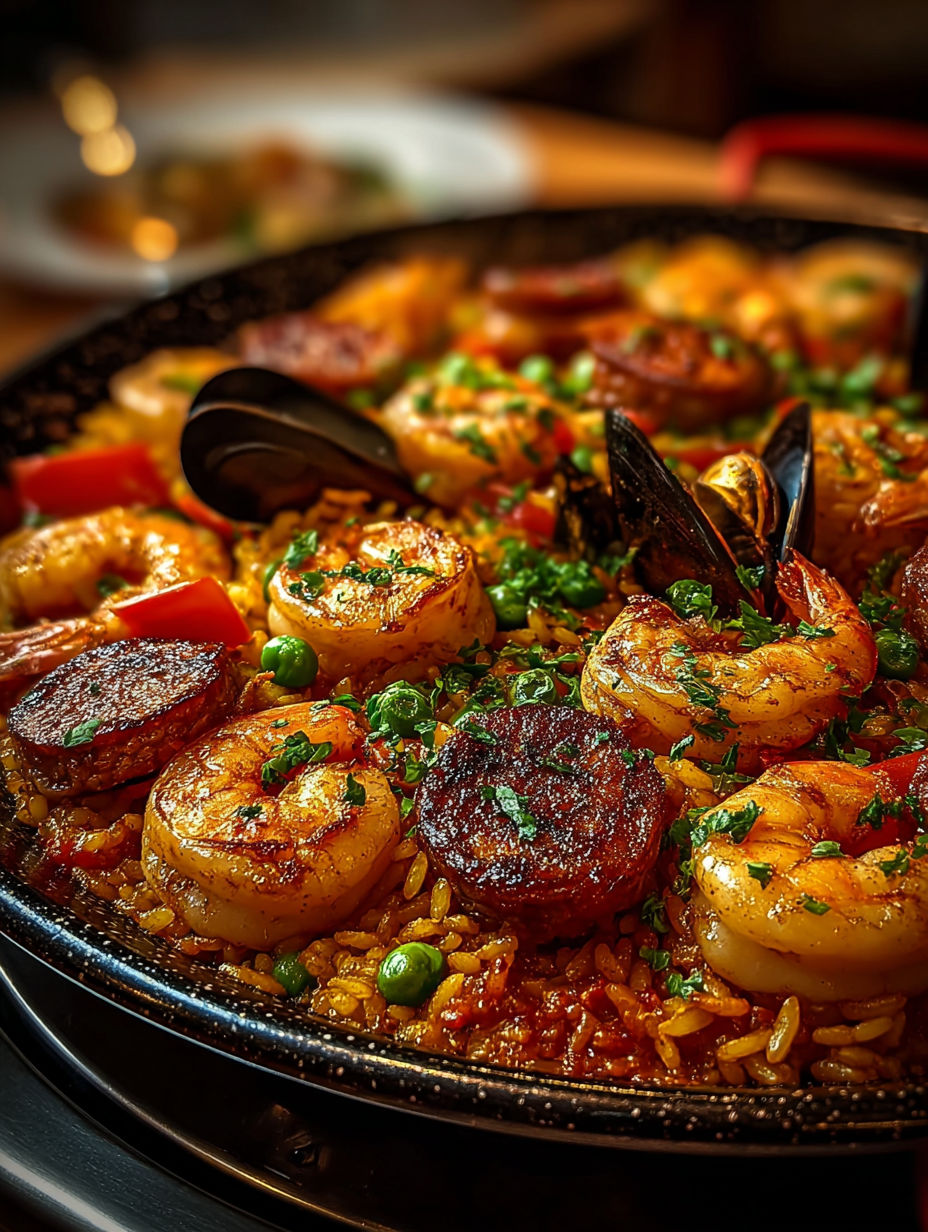 Une paella mixte de poulet et fruits de mer, avec des tomates, des oignons, des poivrons, des épinards, des pommes de terre et des moules.