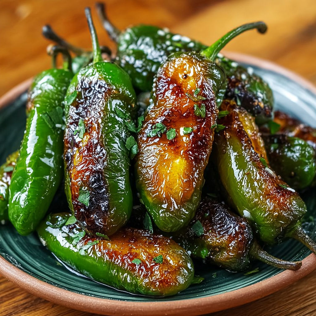 Une assiette de pimientos de Padrón salteados, une recette populaire espagnole.