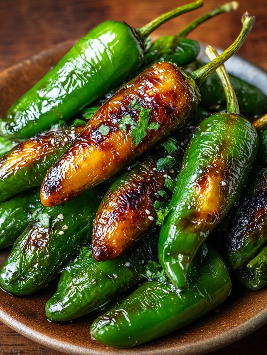 Une assiette de poivrons grillés avec une sauce de piment et de coriandre.