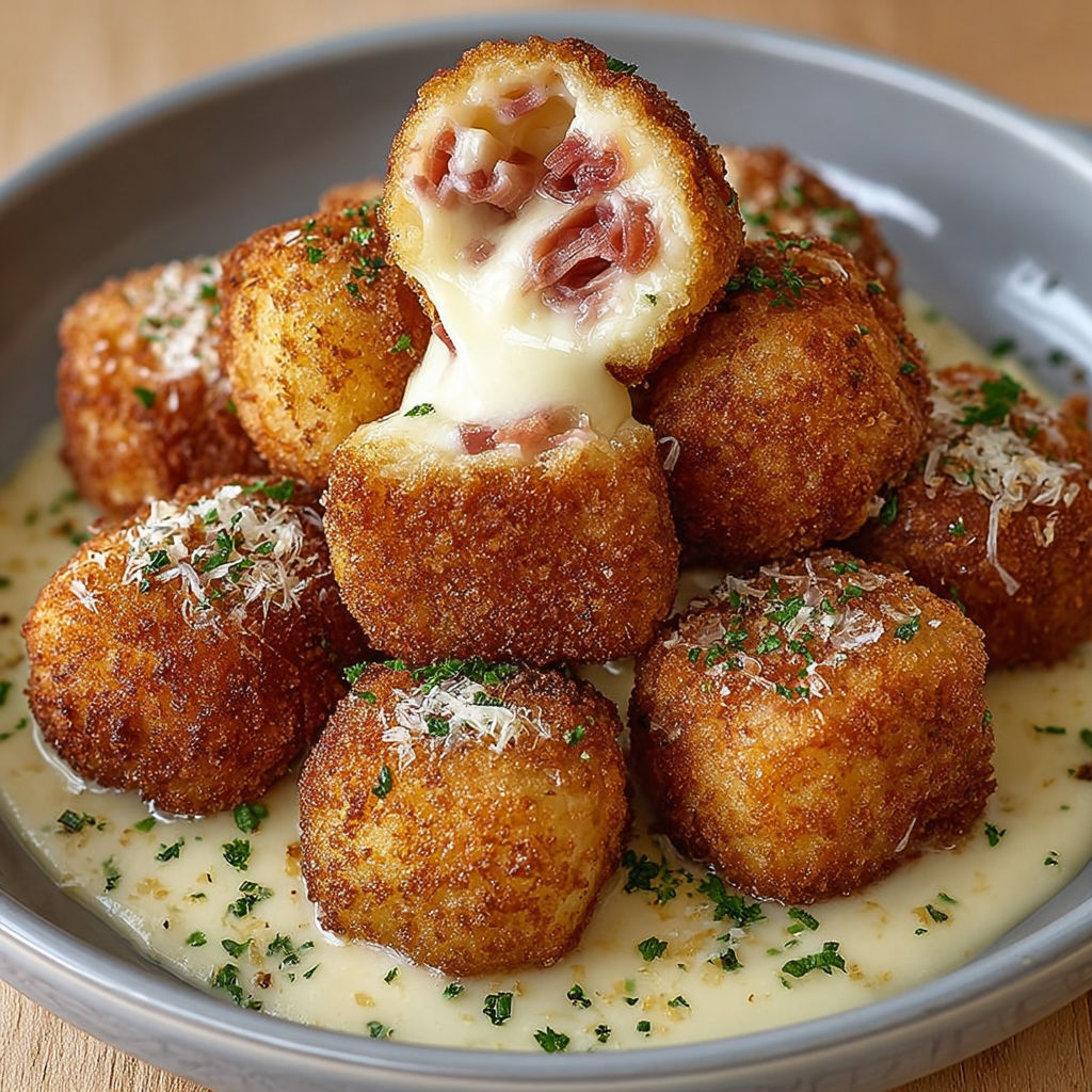 Une pile de croquettes de fromage et de sauce, avec des herbes vertes sur le dessus.