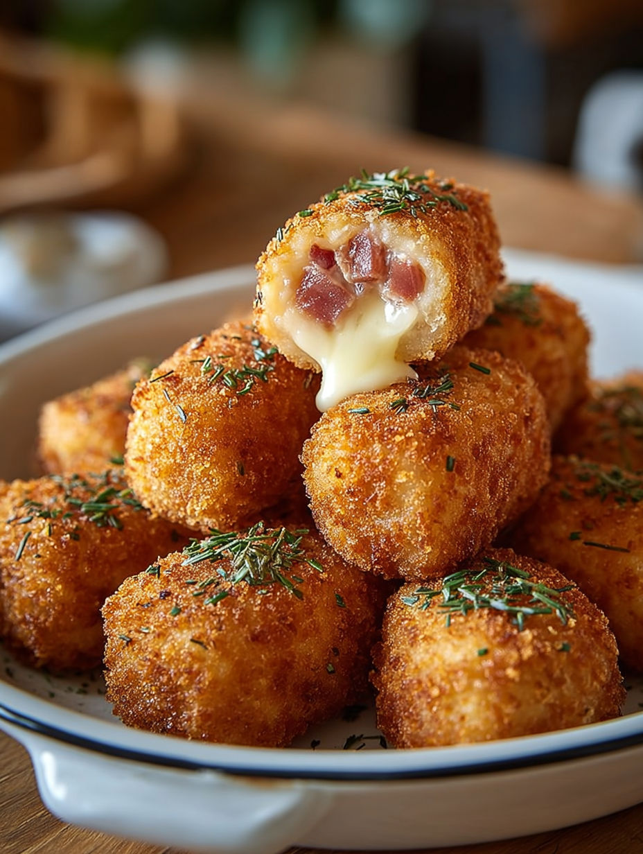Une pile de croquettes de pommes de terre avec du fromage râpé sur le dessus.