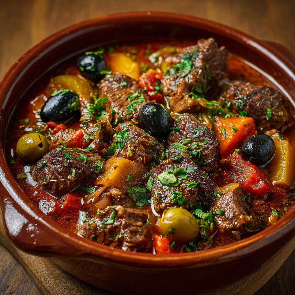 Un plat de Ragoût, un plat de viande et légumes, est servie sur une table.