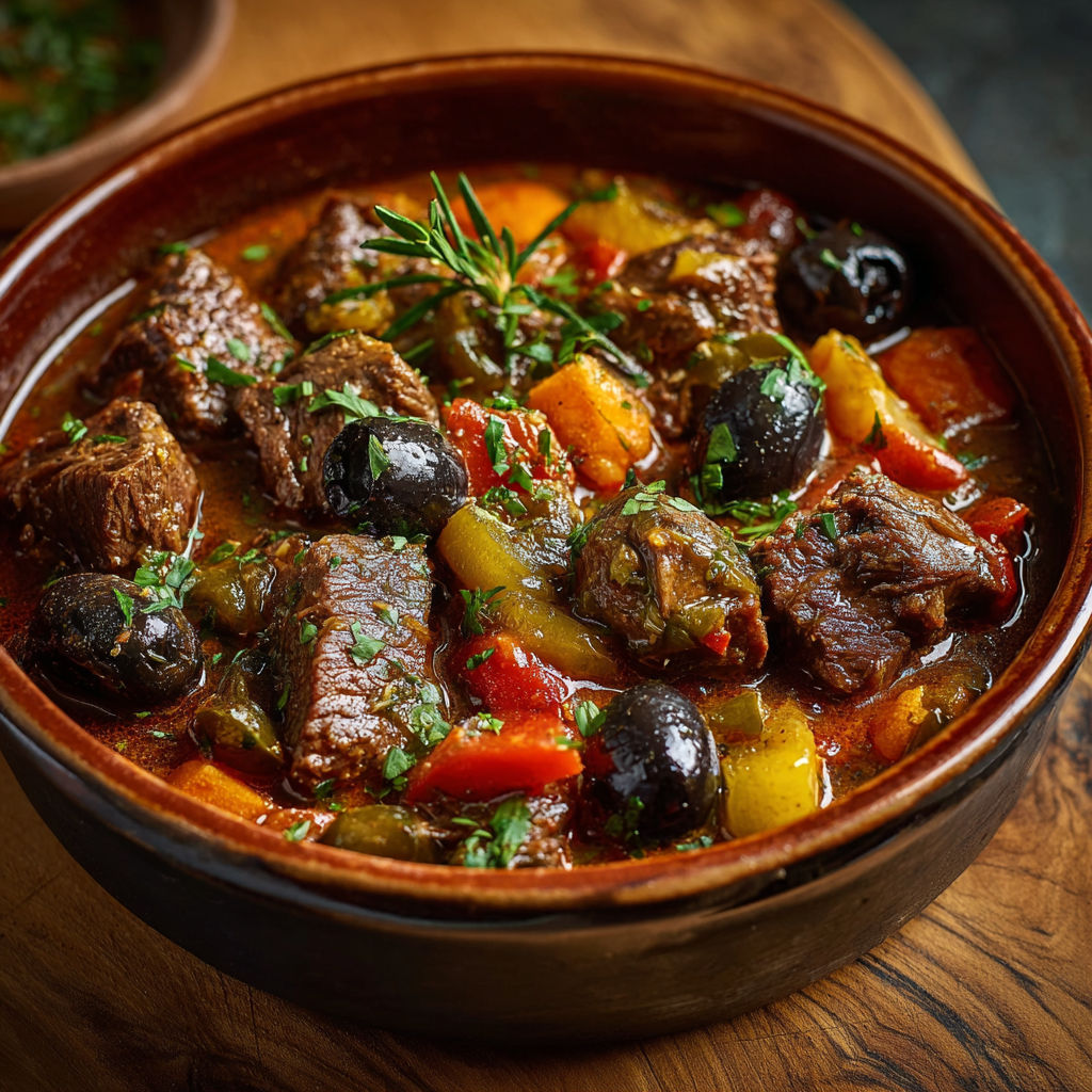 Un plat de viande et légumes, avec des olives et des herbes, est servie sur une table de bois.