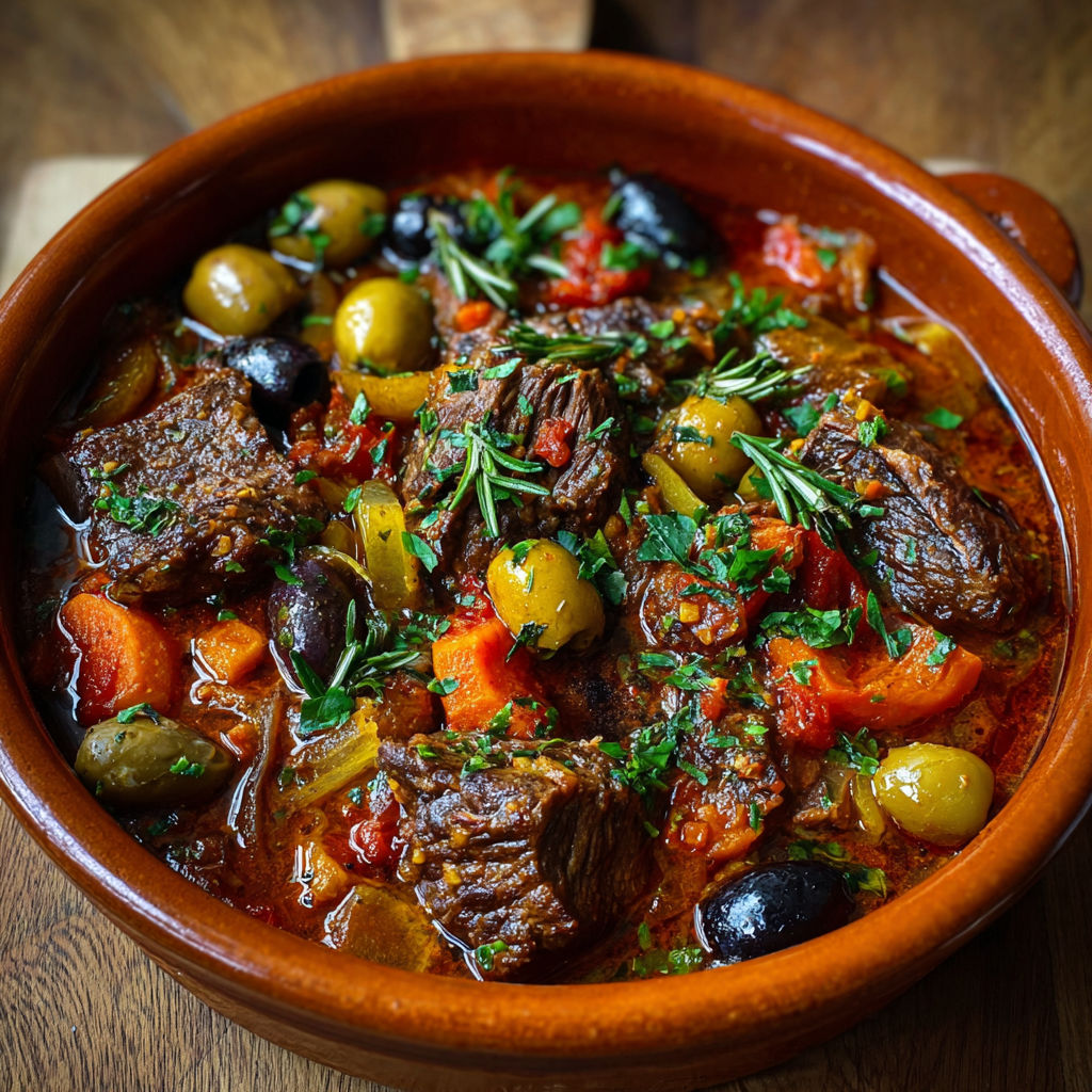 Un plat de viande avec des olives et des épinards, accompagné d'une sauce tomate.