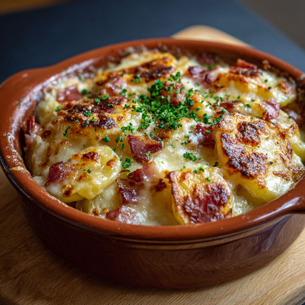 Un plat de gratin au fromage et aux pommes de terre, servit sur une table noire.