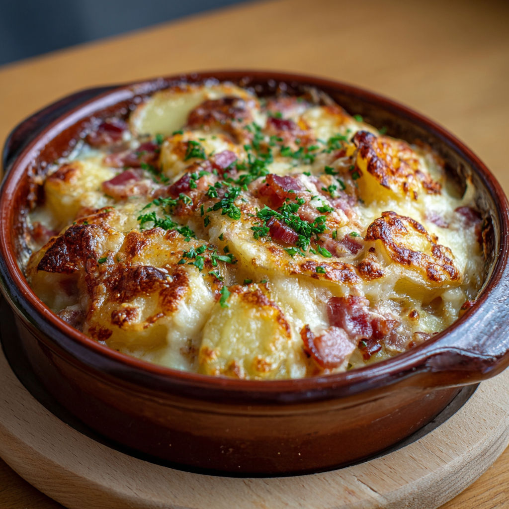 Une recette de casserole avec des pommes de terre et des champignons.