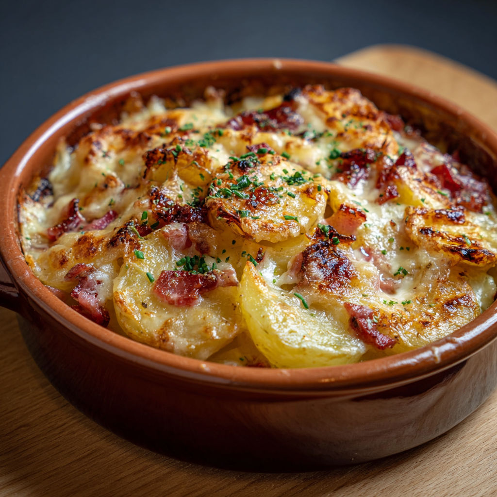 Une recette de casserole de pommes de terre et bacon est servie dans un bol en terre.