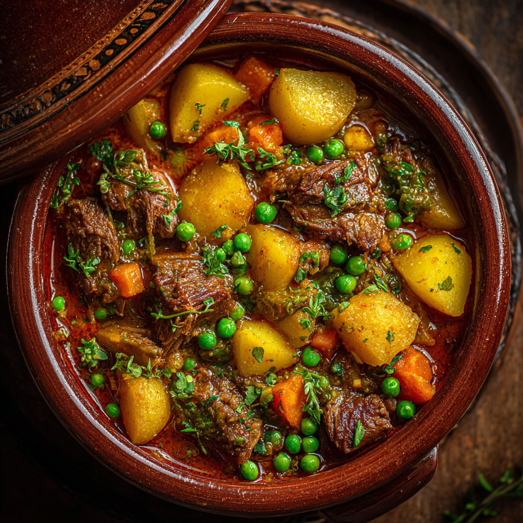 Une soupe de viande avec des pommes et des pois.