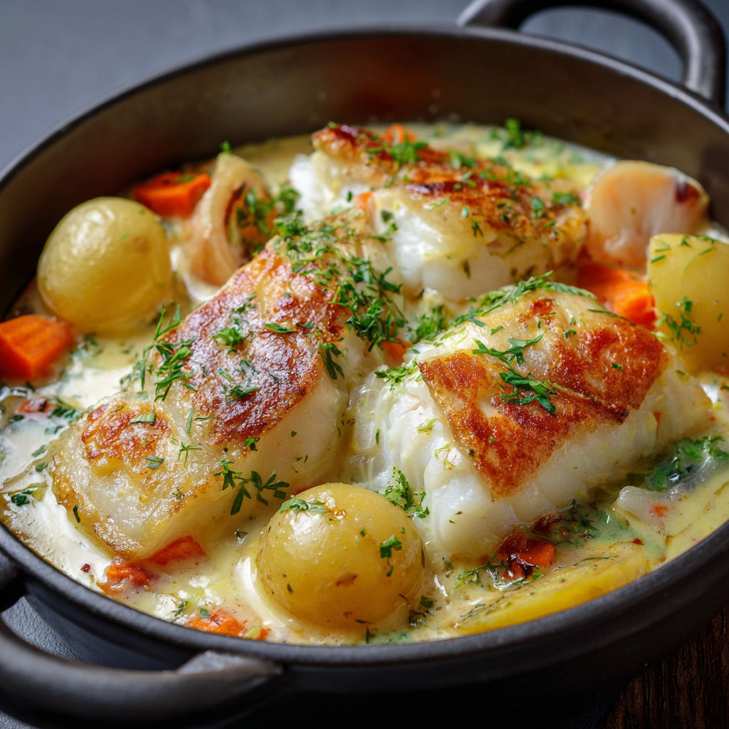 Un plat de poisson et légumes, avec des carottes et des oignons, dans une casserole.