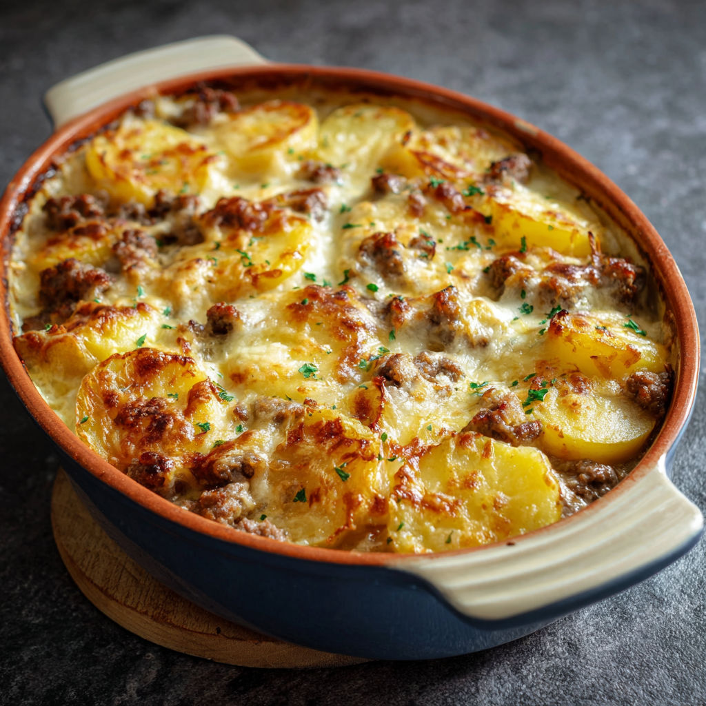 Casserole de pommes de terre et viande chaude dans un bol.