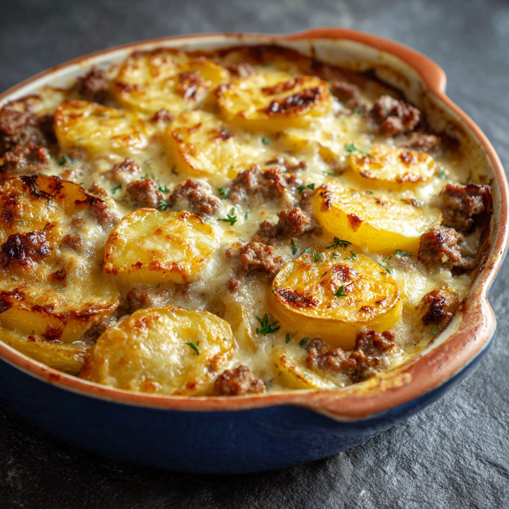 Une recette de casserole de pommes de terre et viande, servie dans un bol bleu.