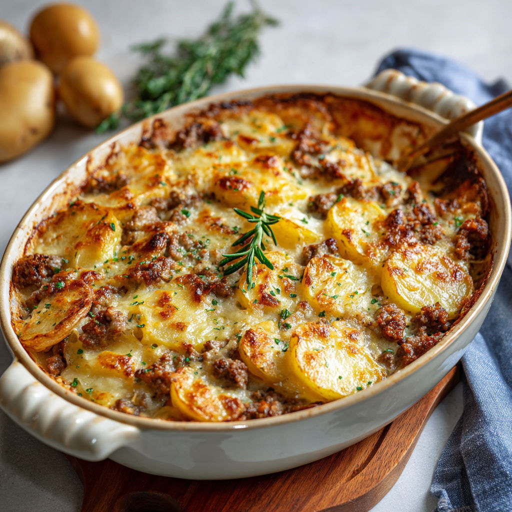 Une tarte au potato et au chorizo, garnie de pommes de terre et de herbes, est servie dans un bol en verre.