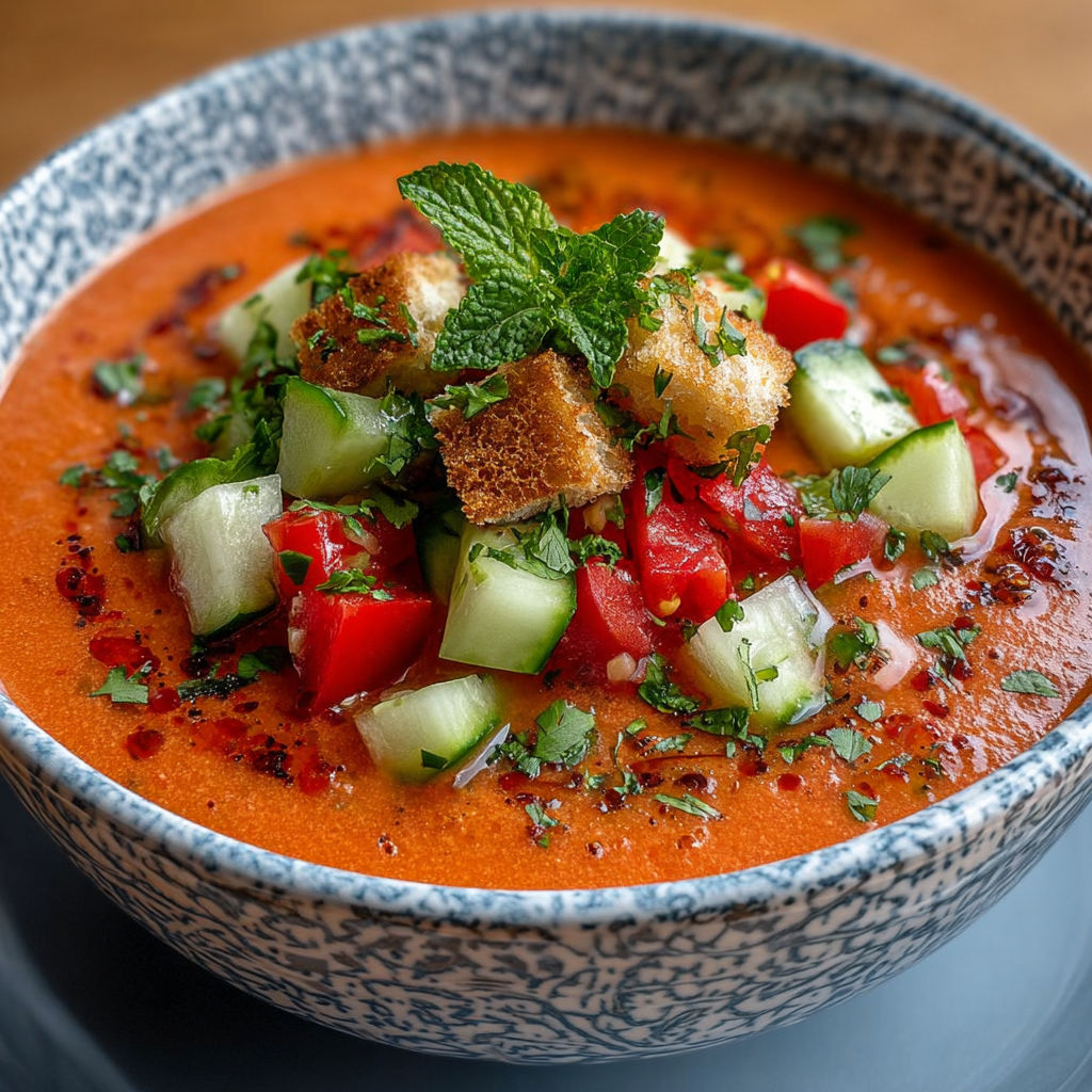 Une soupe tomate avec des herbes et des tranches de pain grillé.