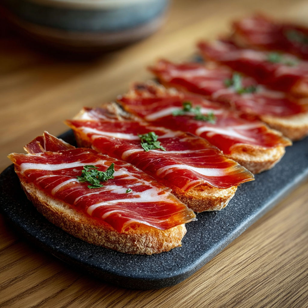 Une plaque de pain grillé avec des tranches de jamón serrano.