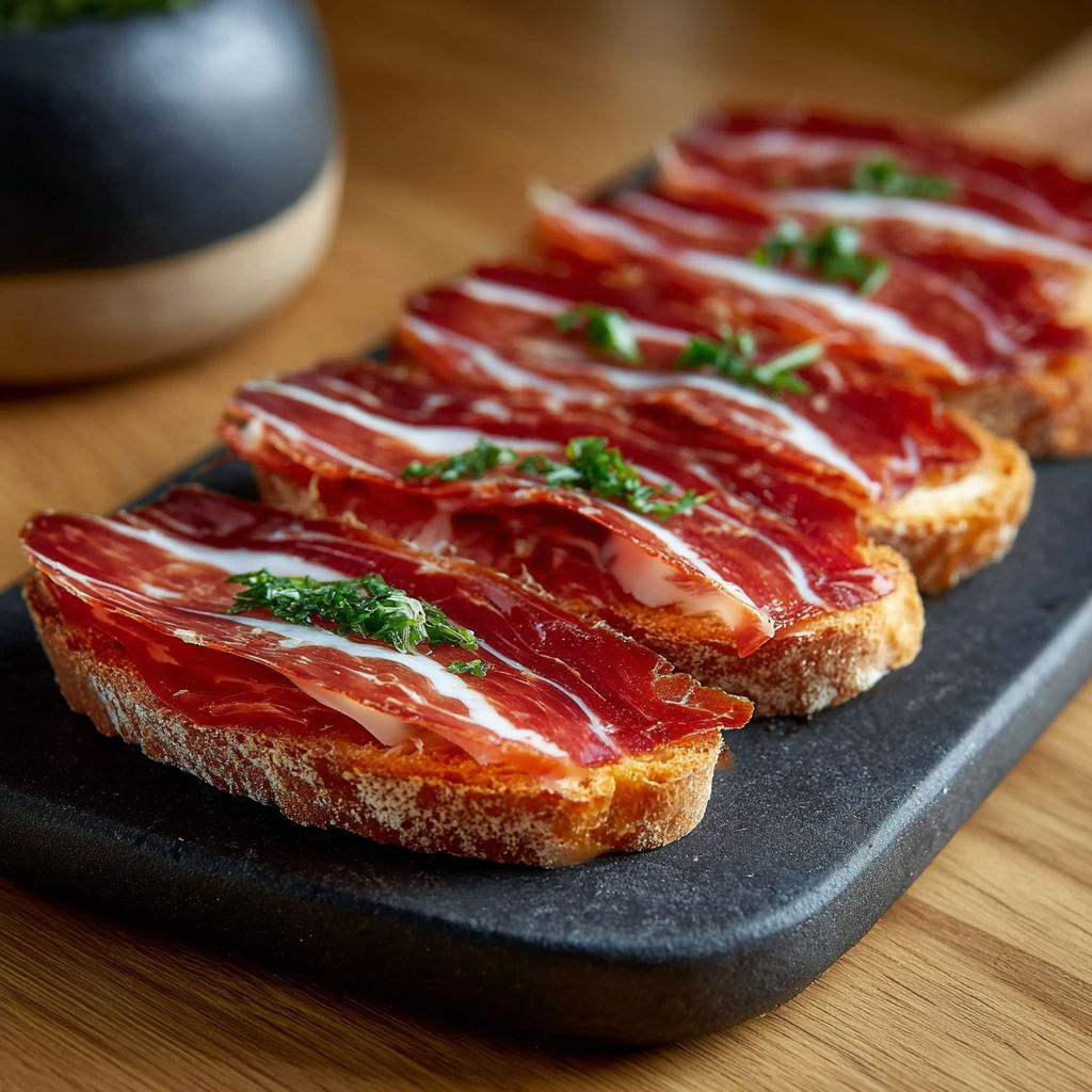 Une tranche de pain grillé avec des tranches de jambon et des herbes sur une plaque de granit.