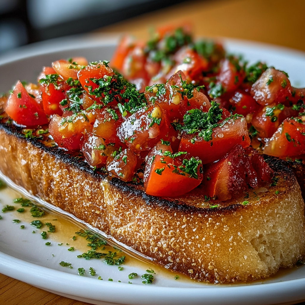 Une tartine espagnole à la tomate fraîche, avec des herbes et du fromage, est servie sur un plateau.