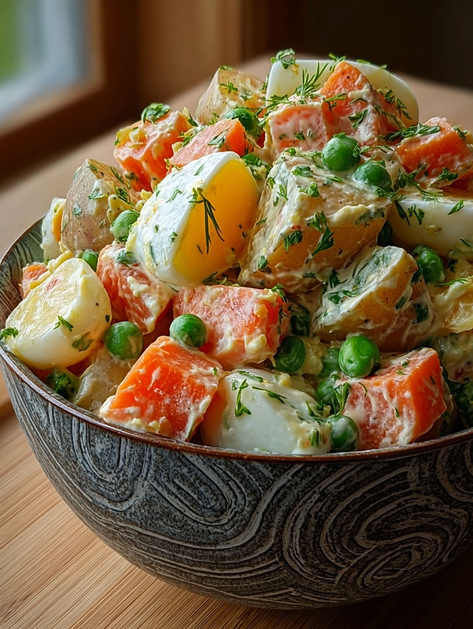 Une salade de légumes et de pommes de terre avec des oeufs.