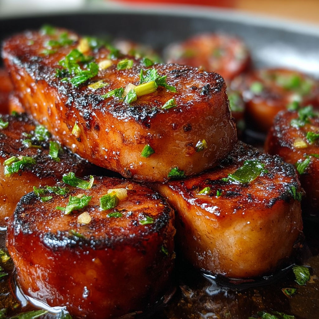 Des morceaux de chorizo grillé avec des herbes vertes sur un plateau.