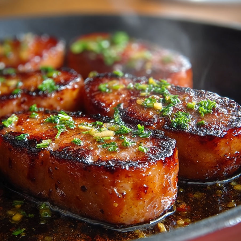 Steak grillé avec des herbes et des épices dans un plat en fer.