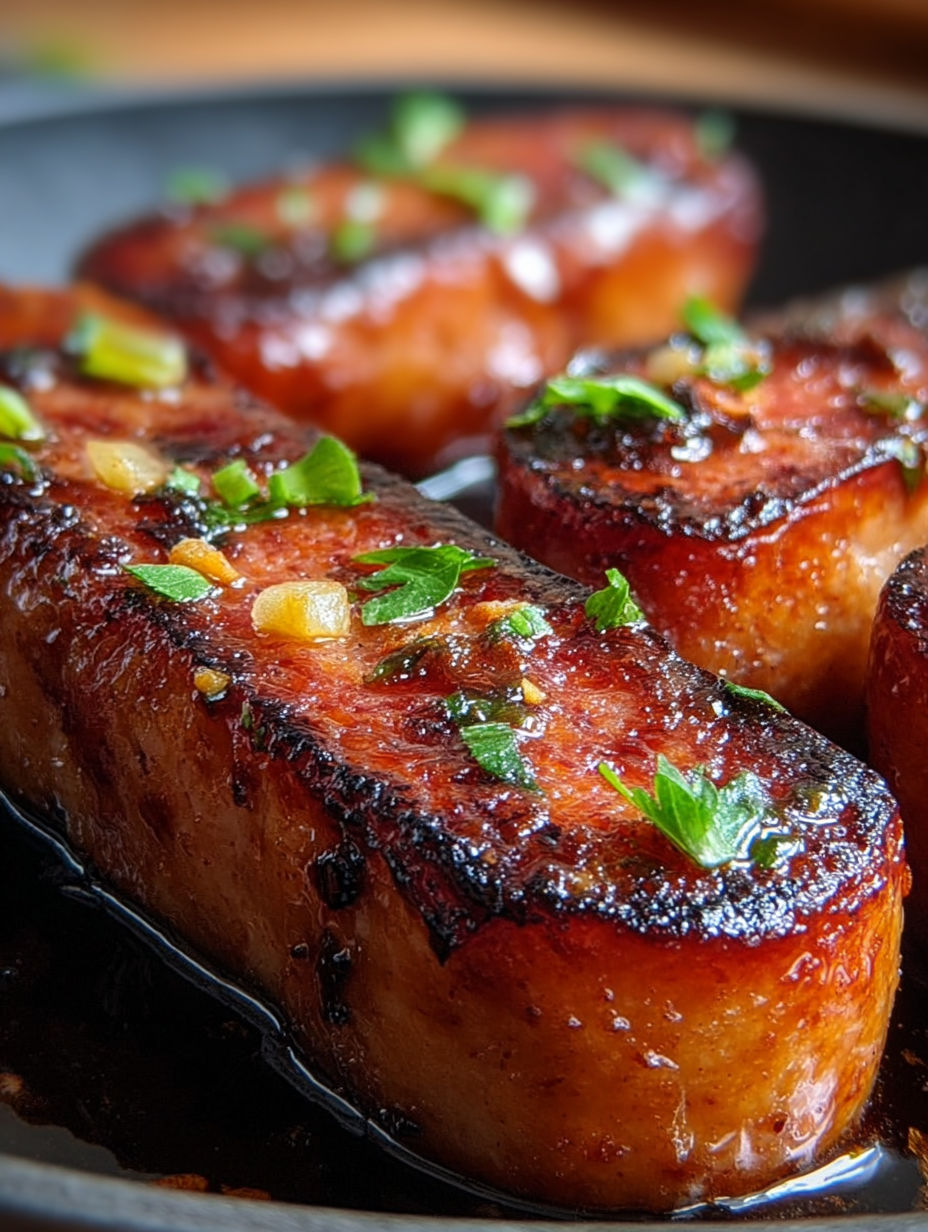 Porc grillé avec des herbes et des épices, servies sur une plaque noire.