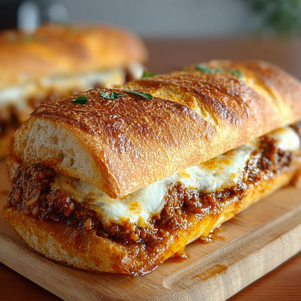 Un sandwich de chorizo et cheddar sur une planche de bois.