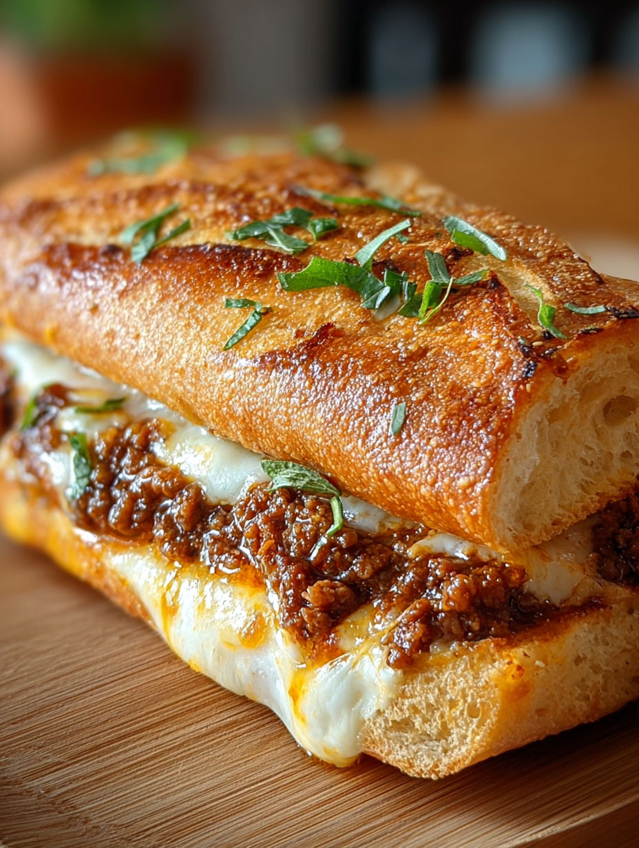 Un sandwich au chili et au fromage sur une planche de bois.