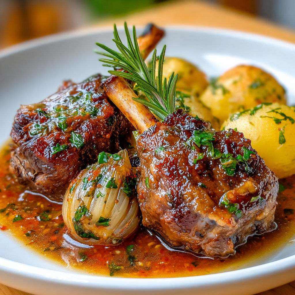 Une plate de Souris d'Oignon et de Porc, servies avec des pommes de terre et des herbes.