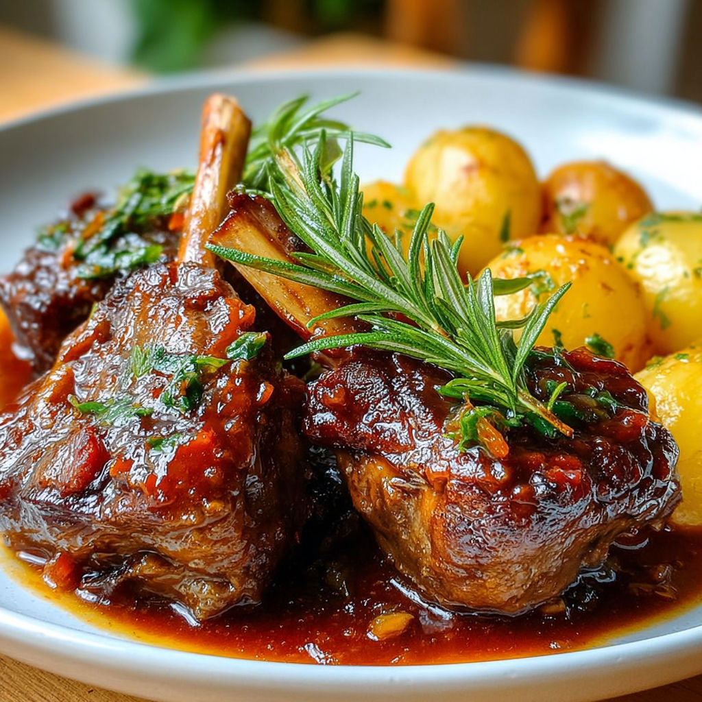 Une recette de "Pork Ribs with Herbs and Potatoes" est servie sur un plateau en porcelaine.