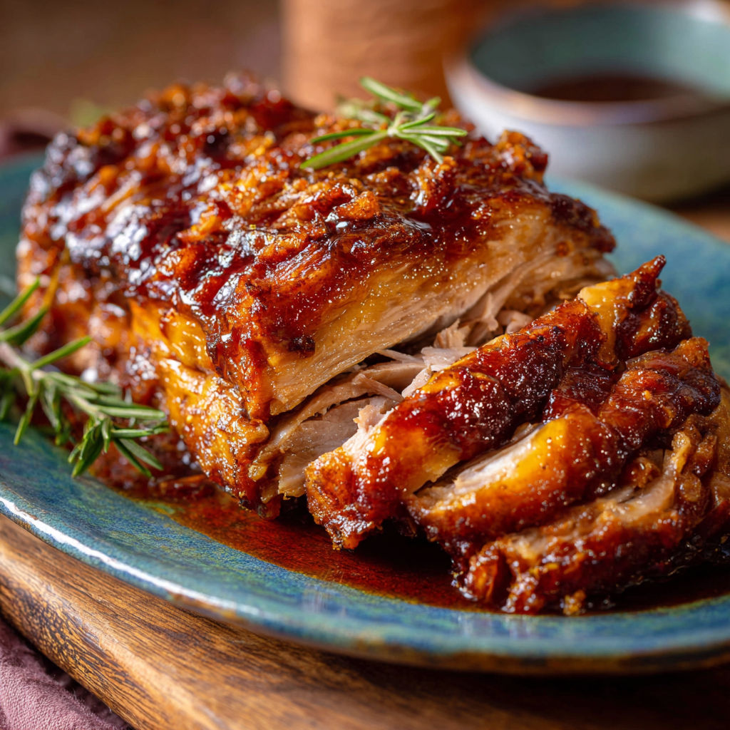 Une épaule de porc grillée et sauceuse, servie sur un plateau.