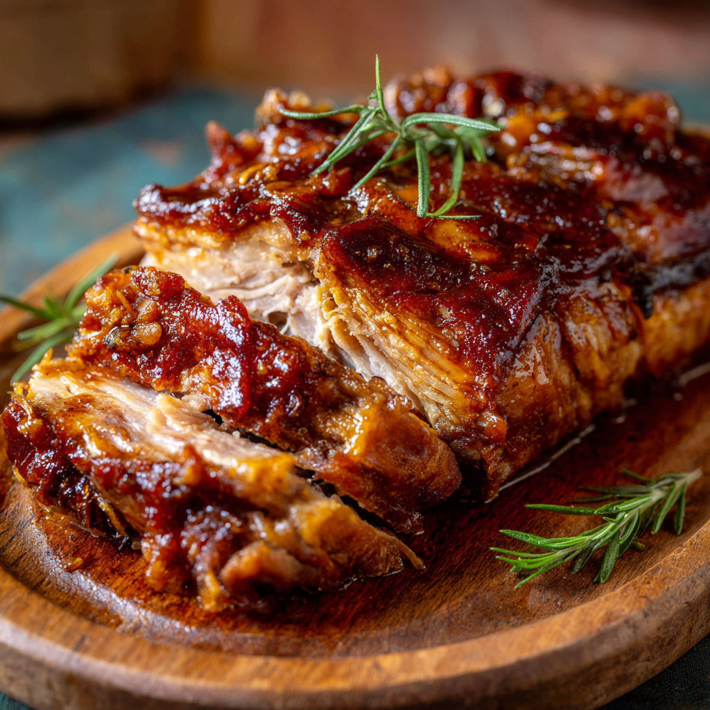 Une épaule de porc grillée, saupoudrée de herbes et servie sur un plat de bois.