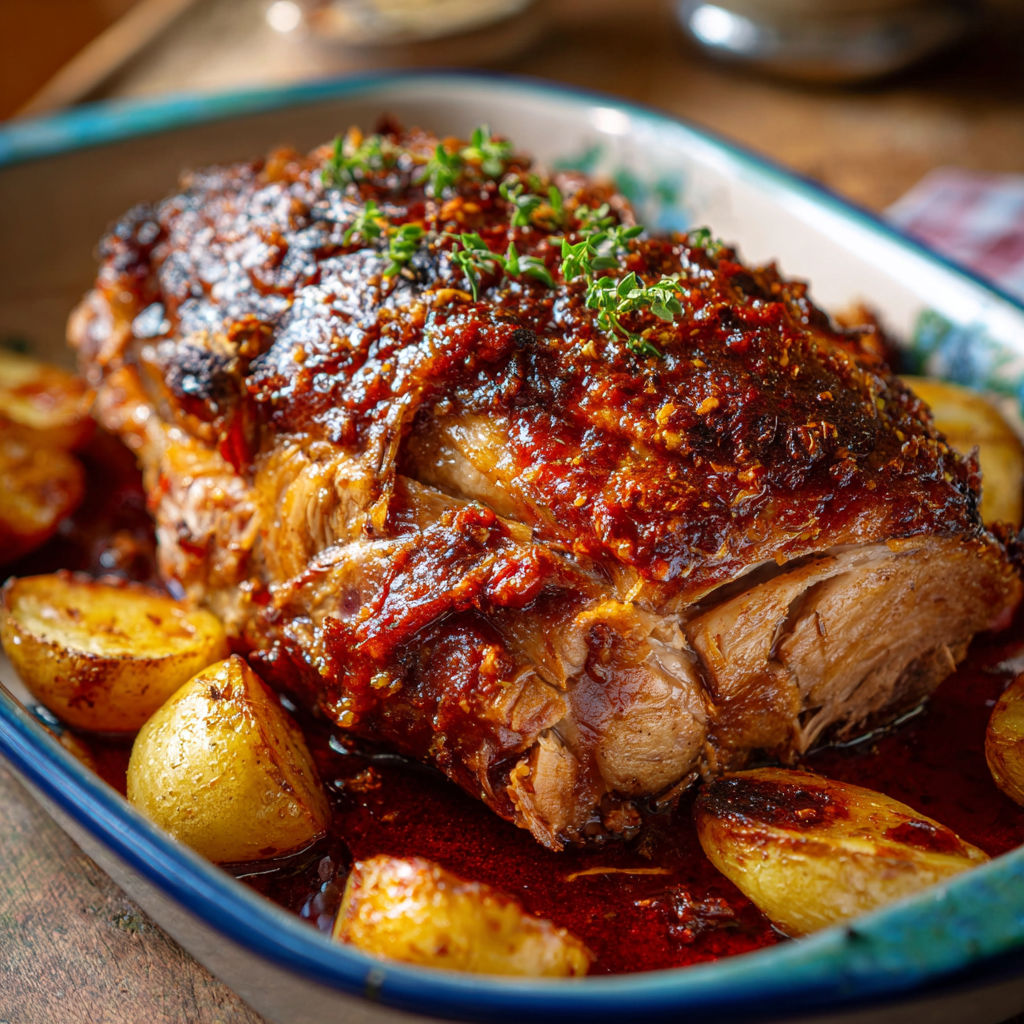 Une épaule de porc grillée dans une casserole avec des pommes de terre et des herbes.