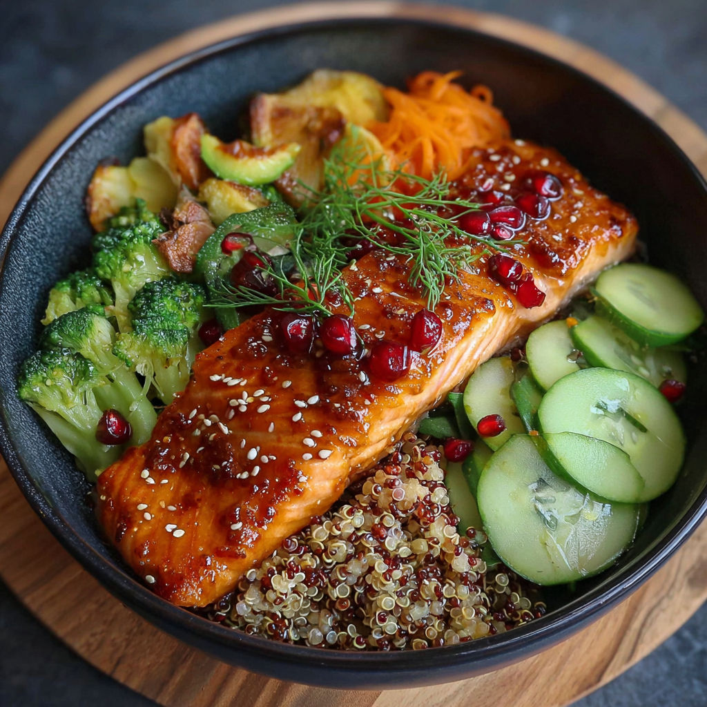 Un salade de saumon et de légumes, avec des carottes, des cucumbers, des poivrons et des pommes de terre.