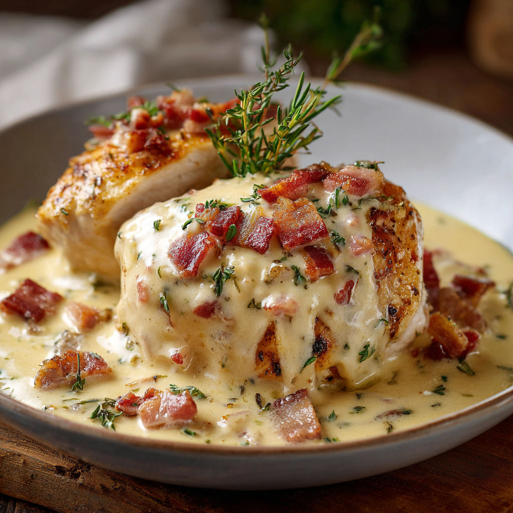 Une recette de poulet en sauce au bacon et herbes.