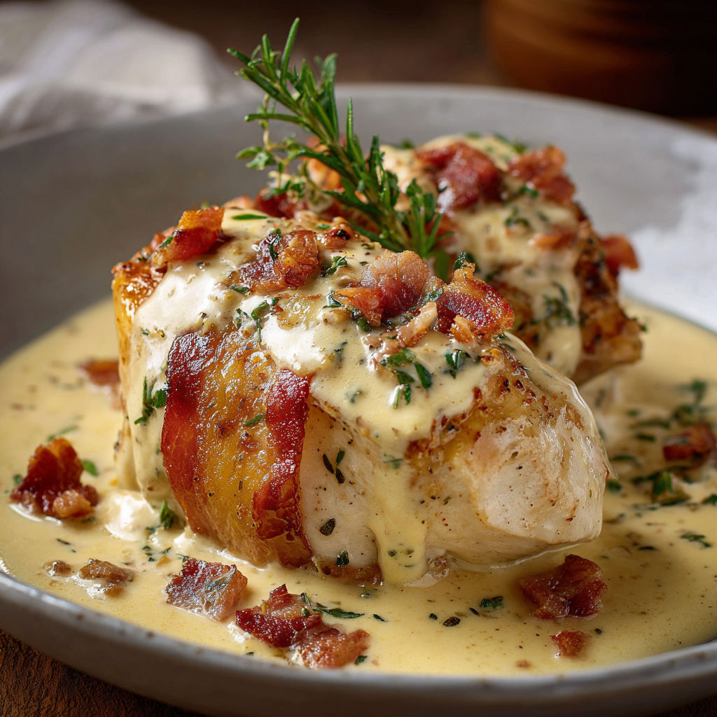 Une poêlée de poulet enveloppé dans une sauce au bacon et herbes, accompagné d'une salade.
