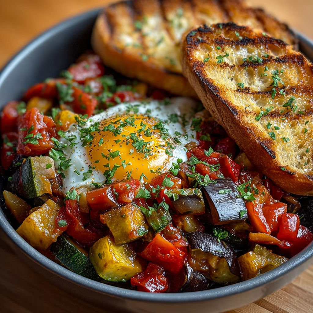 Une poêlée de légumes façon ratatouille à l'œuf et des tartines grillées.
